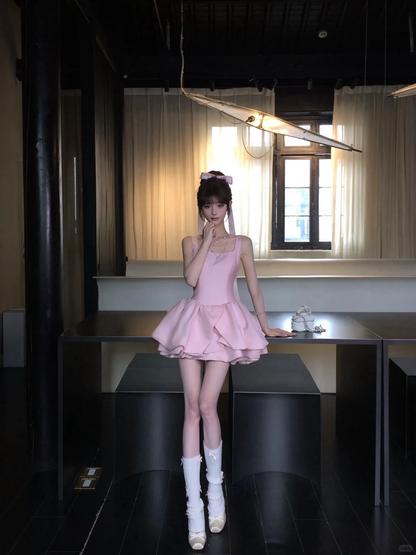 Women Sweet Pink Square Neck Homecoming Dress Wide Strap High Waist Irregular Ruffle Puffy Short Party Dress gh9425