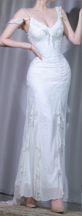 ✨Girlhomeshops-White Mermaid Bridal Gown V Neck Spaghetti Strap Off Shoulder Ruffle Floral Lace Sequin Wedding Dress gh10066