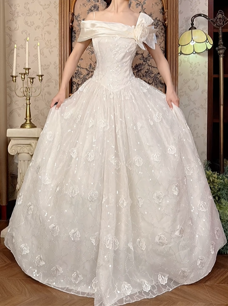 Off‑White Vintage Spaghetti Strap Off‑the‑Shoulder Fitted Waist Lace Voluminous Skirt Long Prom Gown, Wedding Dress gh8595