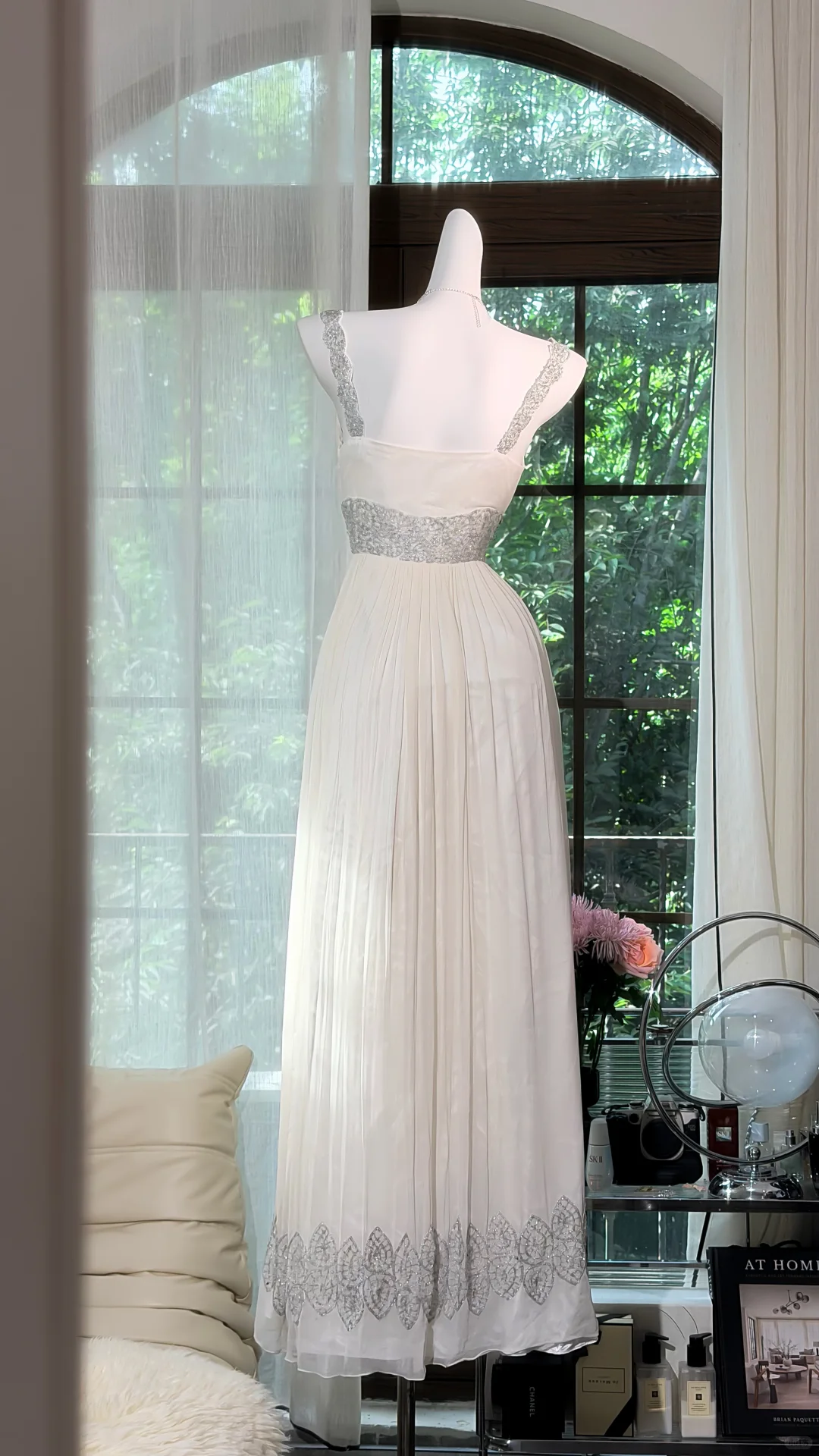 Off White Off Shoulder Silver Beaded Pleated Long Evening Dress, A-Line Chiffon Formal Gown gh9503
