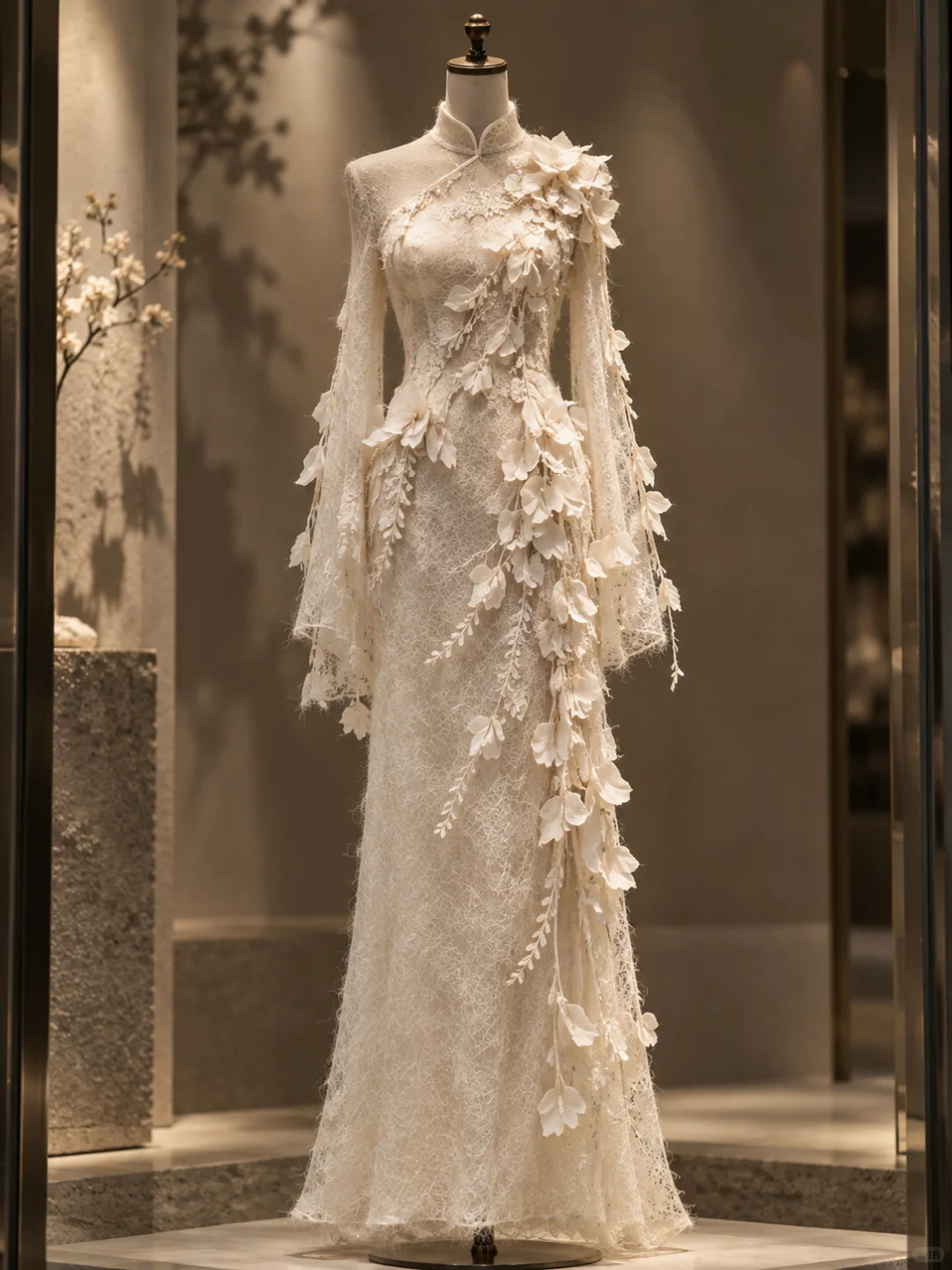 ✨Girlhomeshops-Ethereal Ivory Cascading 3D Floral Lace Mermaid Qipao Evening Gown gh10330