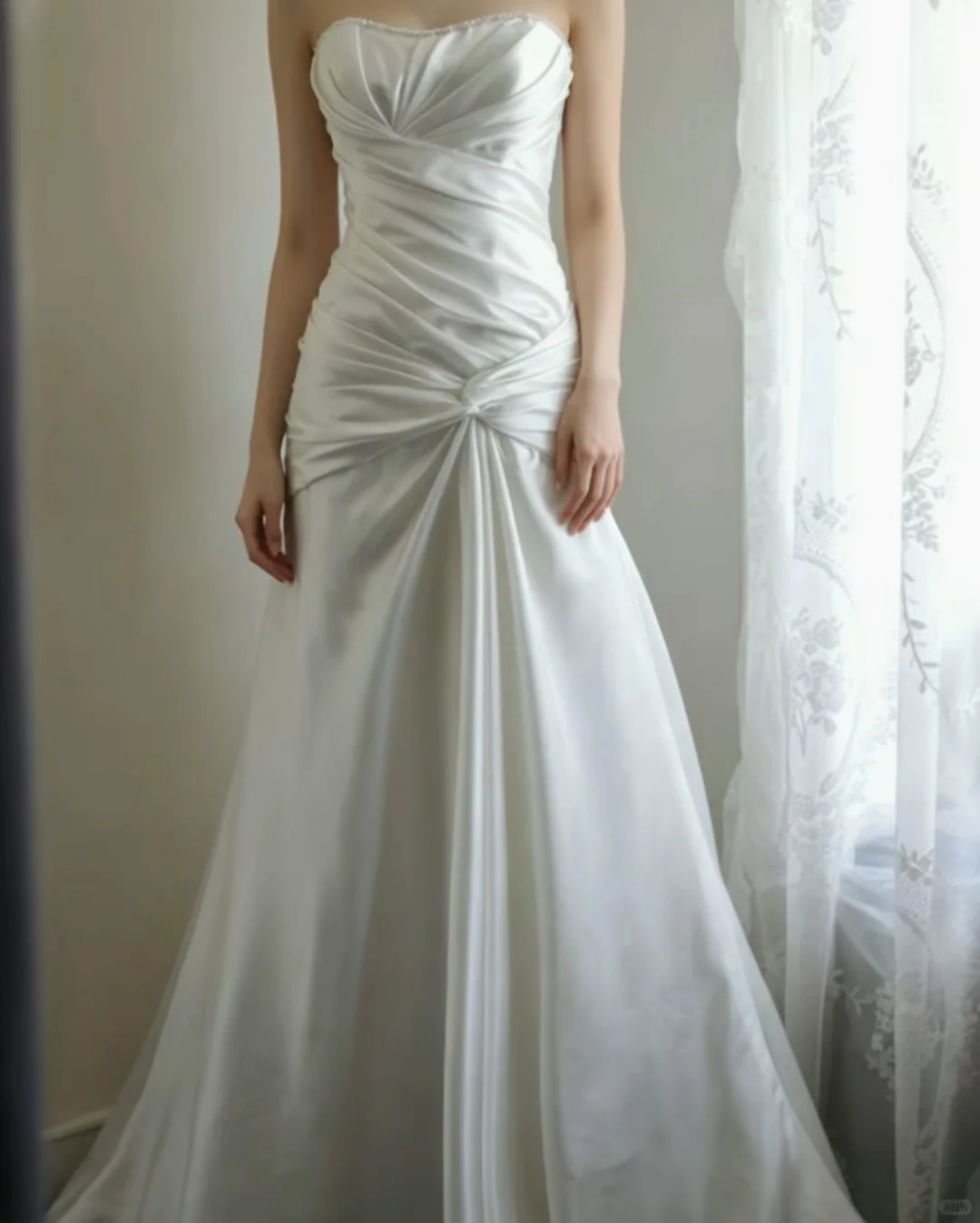 Satin Strapless Mermaid Wedding Dress, Beaded Neckline Twisted Draped Bodice Knot Detail Fitted Mermaid Bridal Gown gh9103