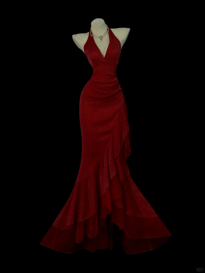 Wine‑Red Sparkly Mermaid Evening Gown, Halter Deep‑V Neck Backless Design, Ruched Waist Detail, Side Tiered Ruffle Trim, Fitted Mermaid Floor‑Length Skirt, Retro Formal Prom Photoshoot Party Dress gh8867