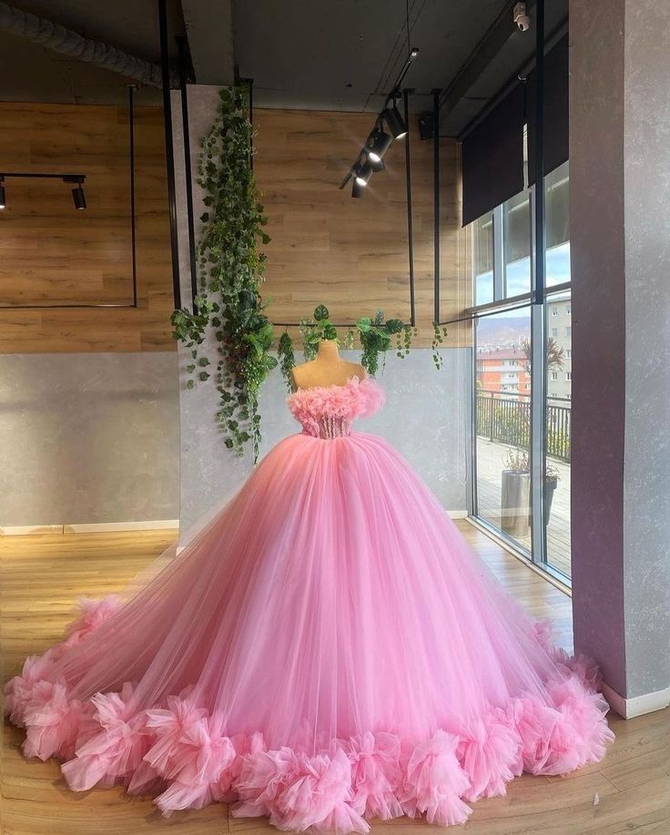 Pink Gorgeous One Shoulder Rhinestone Corset Ruffle Fluffy Tulle Long ...