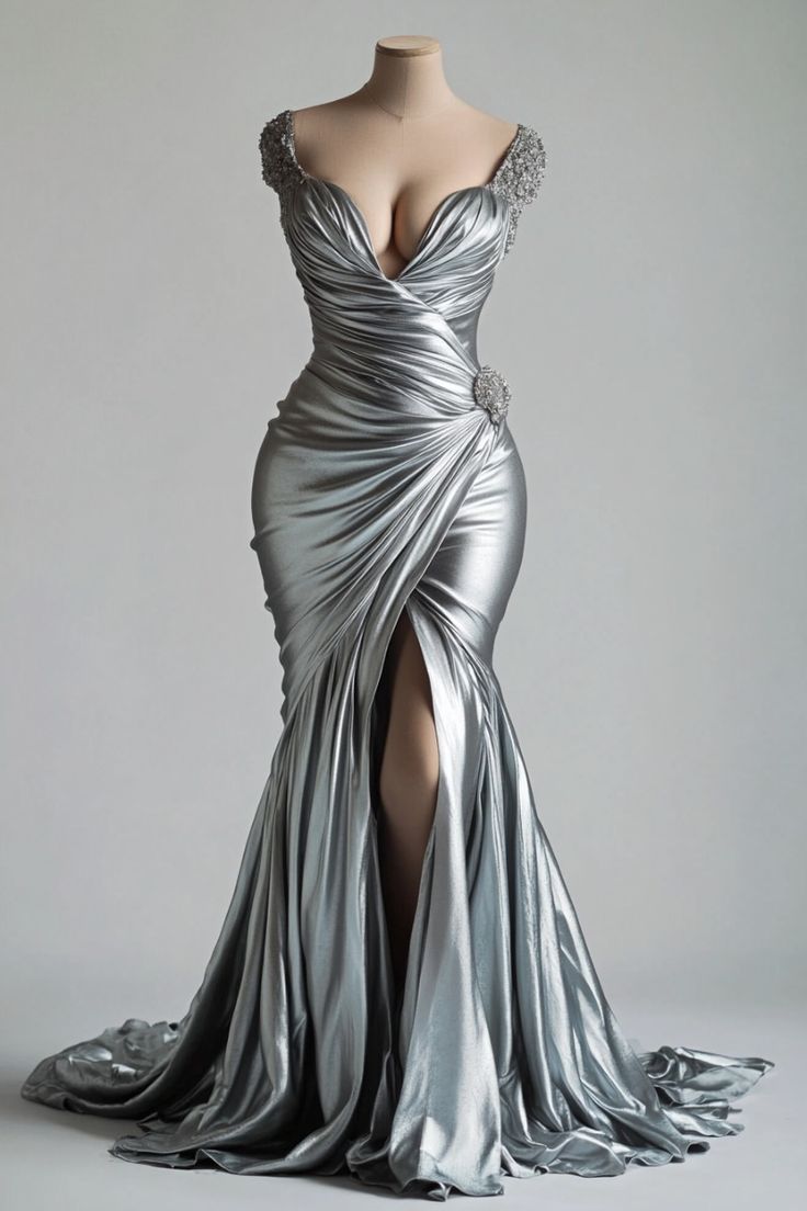 girlhomeshops-Silbernes, glänzendes, perlenbesetztes Meerjungfrauenkleid mit kurzen Ärmeln, bodenlang und Schlitz aus Satin gh6321