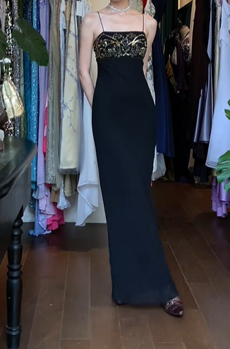 Black Vintage Prom Dress Spaghetti Straps Straight Neck Gold Beaded Chiffon Long Evening Gown gh9603