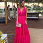 Rosa Elegante Sexy V-ausschnitt Spitze Spaghetti-trägern Lange Chiffon Rüschen Ballkleid Abendkleid Hochzeit Gast Party Kleid gh3322