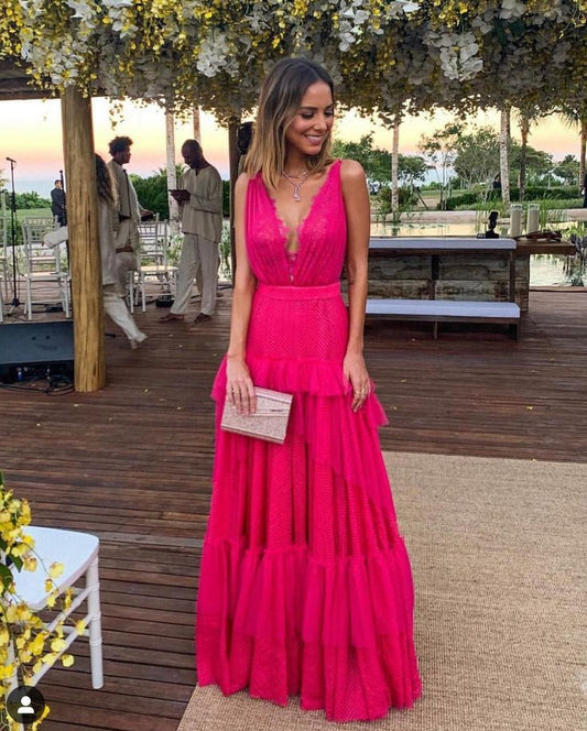 Rosa Elegante Sexy V-ausschnitt Spitze Spaghetti-trägern Lange Chiffon Rüschen Ballkleid Abendkleid Hochzeit Gast Party Kleid gh3322
