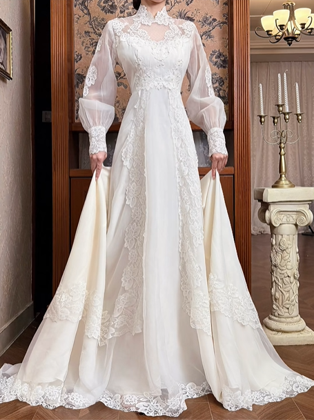 Ivory Vintage Organza Wedding Gown, Sheer Lace High Neck Over Sweetheart Neck, Puff Long Sleeves With Lace Cuffs, Lace Appliqué Waist, A‑Line Long Train With Lace Hem, Prom Dress gh8644