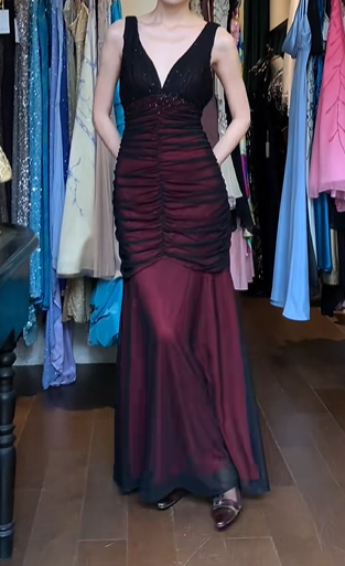 Burgundy Black Vintage Prom Dress Sleeveless Deep V Hand Beaded Ruched Tulle Mermaid Long Evening Gown With Pockets gh9624