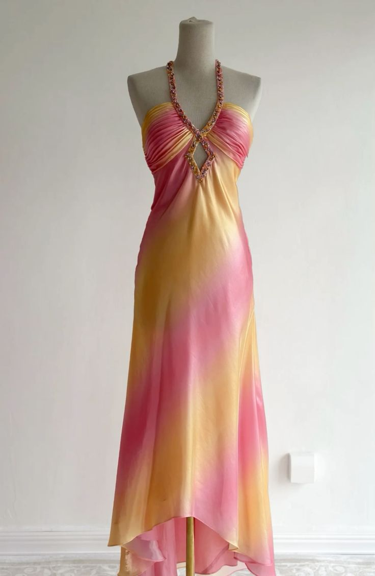 Pink Yellow Gradient Halter Neck Beaded Waist-Cinched Sexy Slimming Evening Dress, Fairy Gown, Romantic Gown gh7448
