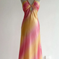 Pink Yellow Gradient Halter Neck Beaded Waist-Cinched Sexy Slimming Evening Dress, Fairy Gown, Romantic Gown gh7448
