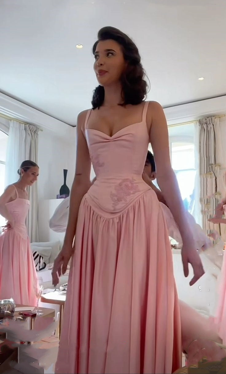 Pink retro elegant sweetheart neckline A-line spaghetti strap satin lo – girlhomeshops