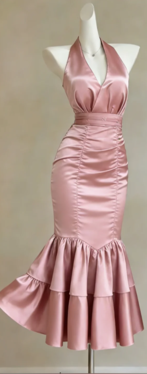 Halter V Neck Dusty Pink Satin Mermaid Evening Gown Ruched Bodycon Tiered Ruffle Midi Formal Dress gh9472