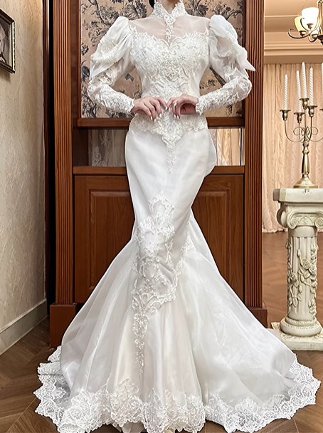 White Vintage Tulle Mermaid Wedding Prom Dress, Lace High Neck Illusion Sweetheart, Leg‑of‑Mutton Lace Sleeves, Floral Lace Appliqués, Scalloped Lace Long Train gh8686