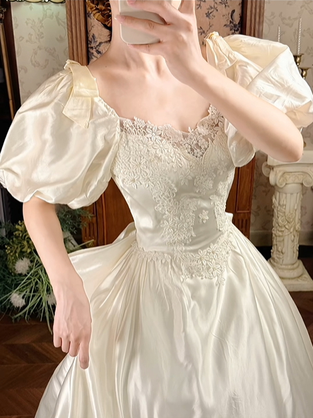 Long Prom & Wedding Dress, Off‑White With Puff Sleeves, Fitted Waist, Full Flared Skirt gh8608