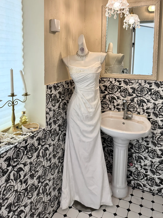 White Satin Spaghetti Strap Waist-Cinched Fitted Ruched Sexy Elegant Romantic Dress, Wedding Gown gh7587