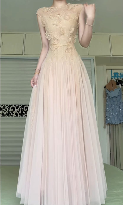 Nude Pink Sleeveless Evening Gown, 3D Floral Lace Tulle A‑Line Long Prom Dress With Cap Sleeve for Banquet Party gh8954