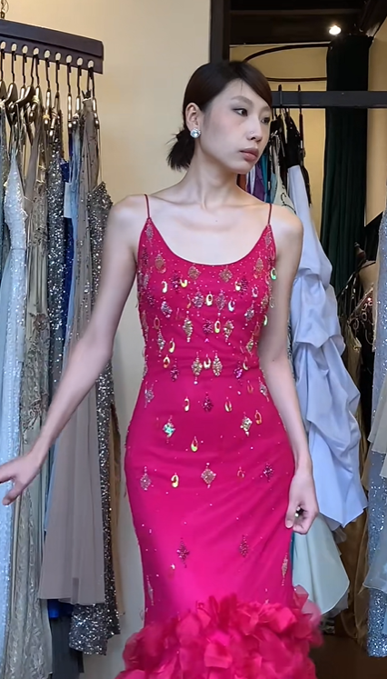 Hot Pink Spaghetti Straps U Neck Mermaid Evening Gown Hand Beaded Sequin 3D Petal Feather Long Prom Dress gh9713