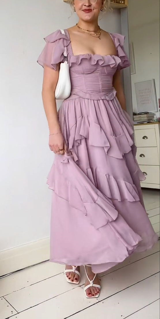 Robe de soirée longue en mousseline de soie et tulle, élégante et vintage, violette, tenue de soirée, de mariage, d'anniversaire, gh4062
