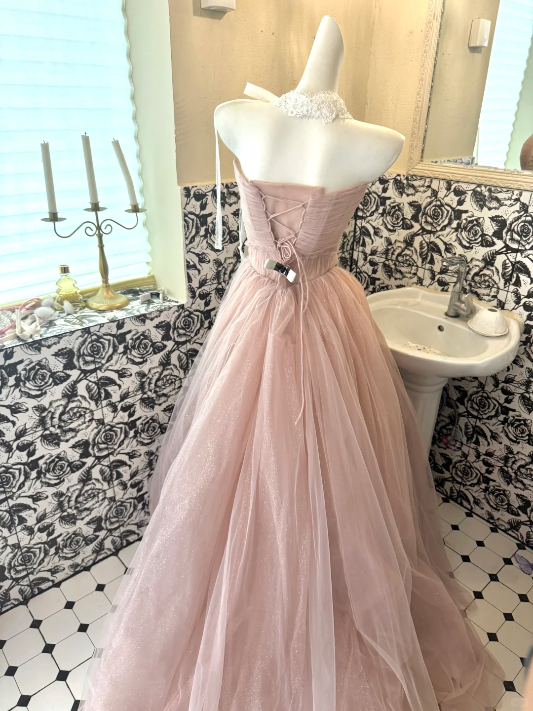 Blush Pink Strapless Cinched Waist Voluminous Skirt Long Romantic Dress, Wedding Gown gh7791
