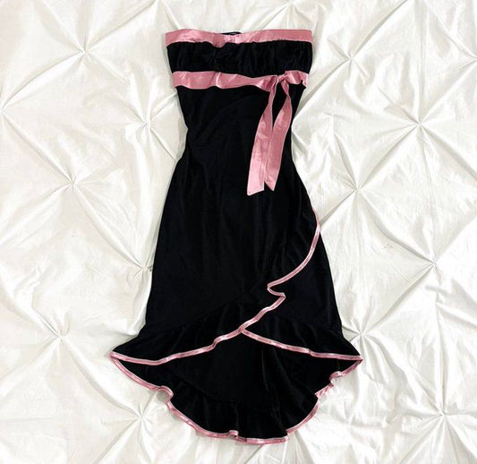 Robe de soirée élégante à volants avec nœud rose et ruban, tenue de soirée, de fête d'anniversaire, courte et mignonne, gh3236