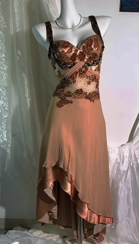 Vintage Elegant Champagne Spaghetti Strap Beaded Fitted Waist Prom & Evening Party Dress gh8543