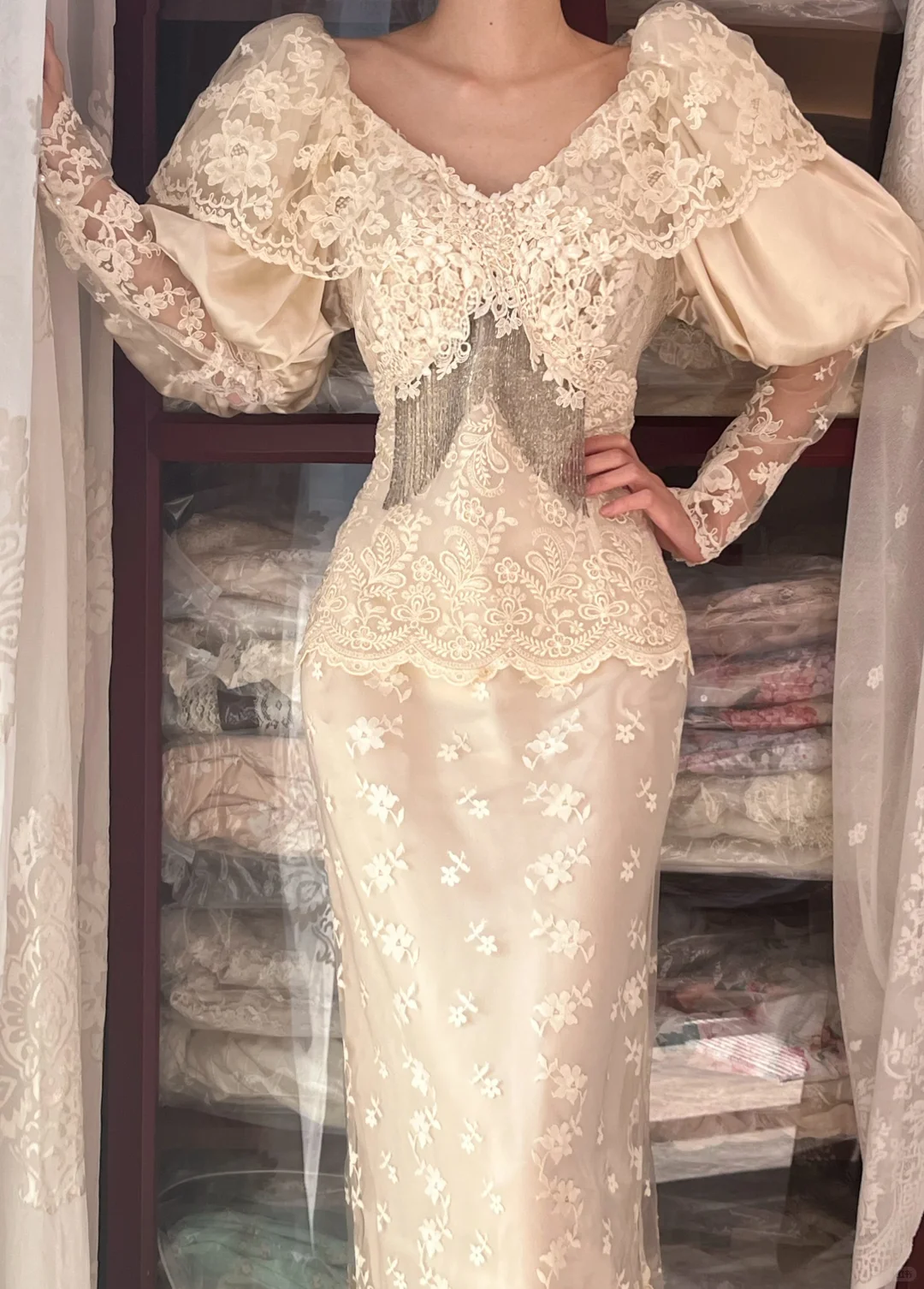 Cream Vintage Mermaid Wedding Gown, Puff Sleeve Lace Formal Dress gh9307