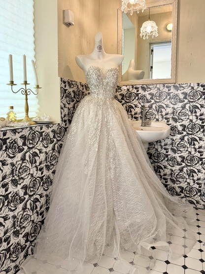 Ivory Strapless Gown with Rhinestones, Cinched Waist, Full Flared Skirt, Long Romantic Dress, Wedding Gown gh7777