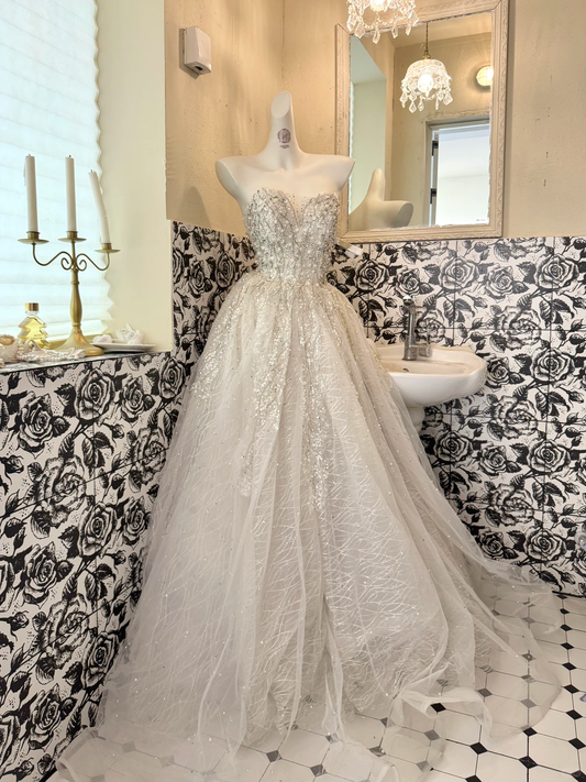 Ivory Strapless Gown with Rhinestones, Cinched Waist, Full Flared Skirt, Long Romantic Dress, Wedding Gown gh7777