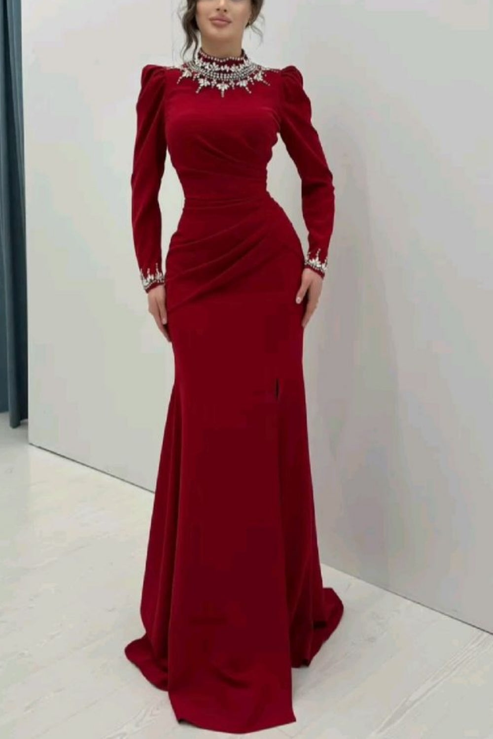 girlhomeshops - Robe longue rouge à manches longues gh6261