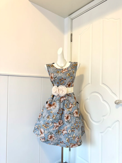 Dusty Blue Floral Homecoming Dress Sleeveless Round Neck A-Line Cocktail Party Gown gh9383