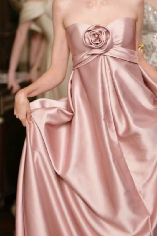 girlhomeshops-Pink Elegant Simple Floral Long Satin Prom Dress Bridesmaid Dress gh5951