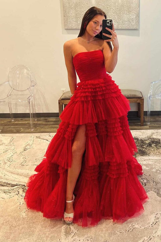 A-Linien-Ballkleid aus trägerlosem Tüll und langem Ballkleid mit Stufenrüschen gh2676