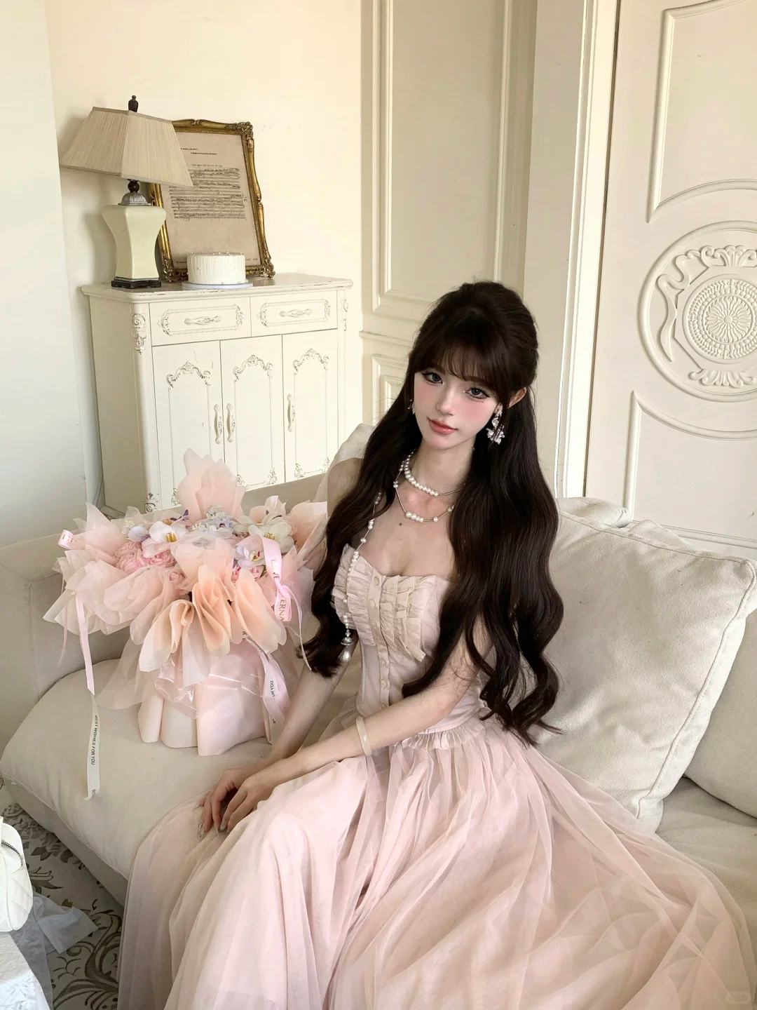 Women Romantic Light Pink Strapless Prom Dress Ruffle Bust Boned Corset Flowy Tulle Long Evening Gown gh9433