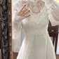 Ivory Vintage Chiffon Wedding Gown, High Neck Lace Illusion V‑Neck, Lace Puff Long Sleeves, Lace Appliqué Empire Waist, Overlay Lace Outer Skirt, Flowy Floor‑Length Full Skirt, Scalloped Lace Hem, Bridal Prom Dress gh8739