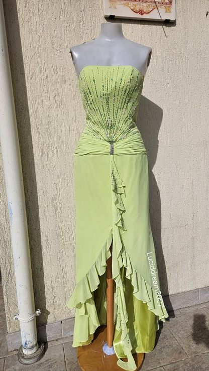 ✨Girlhomeshops-Strapless Light Lime Green Radiating Beaded High Slit Ruffle Long Prom Gown gh10230