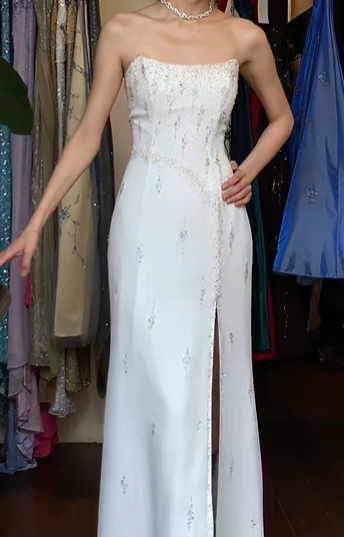 White Vintage Prom Dress Strapless Tube Top Hand Beaded Chiffon Front Slit Long Evening Gown gh9612