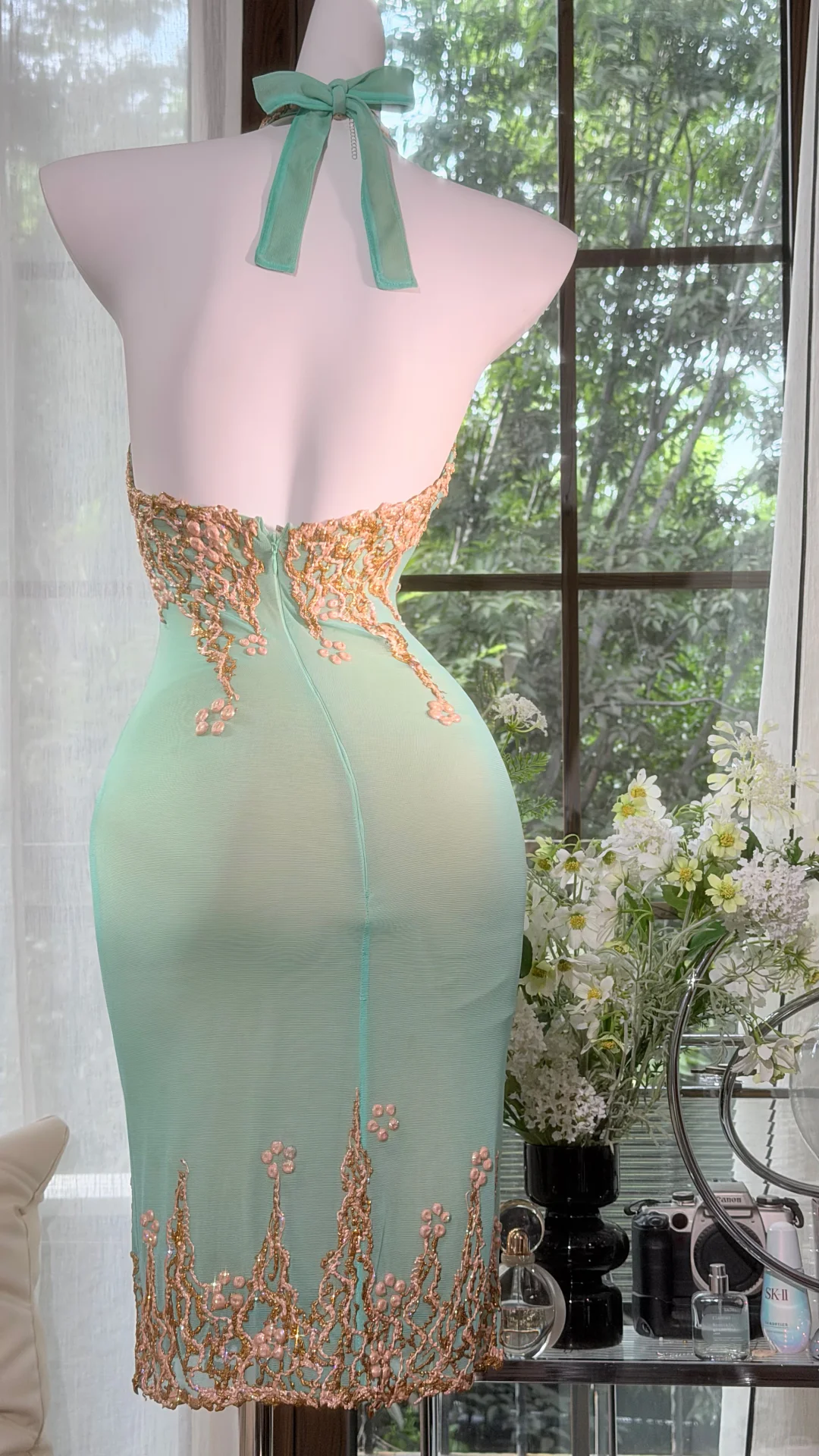 Mint Green Halter Neck Evening Dress, Gold Beaded Short Bodycon Cocktail Gown gh9501