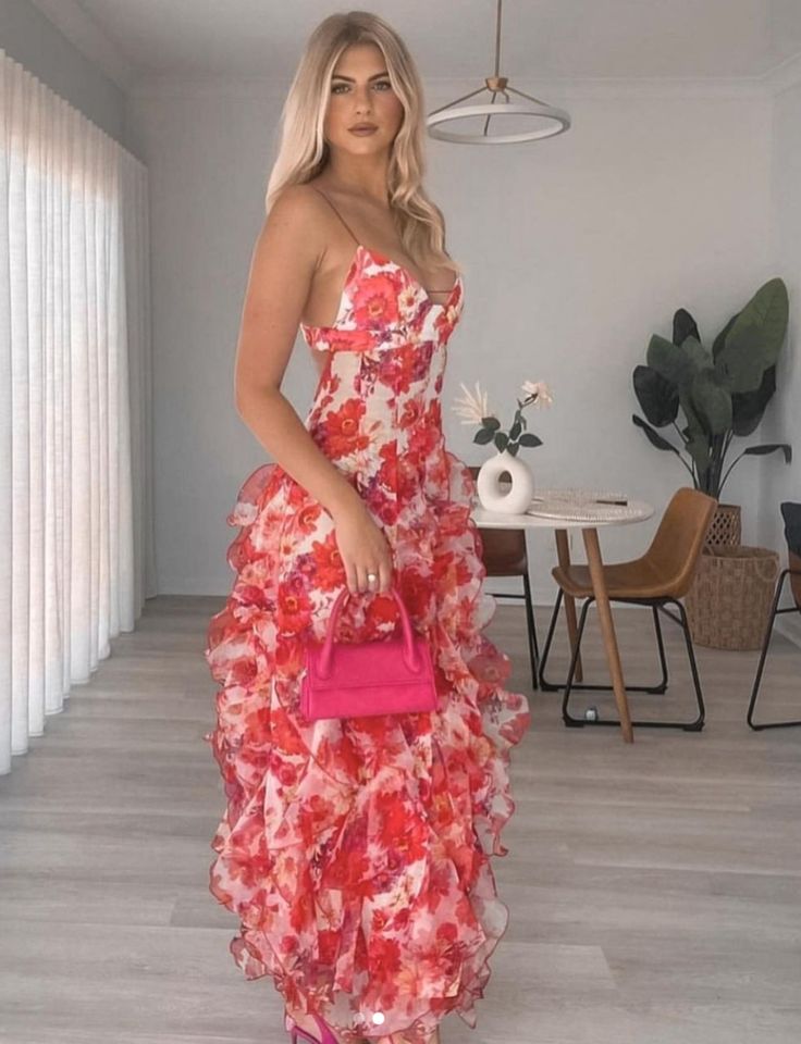 Hot Red Floral Print A-Linie Rückenfrei Rüschen Lange Chiffon Elegante Sexy Ballkleid Abendkleid Partykleid gh3185