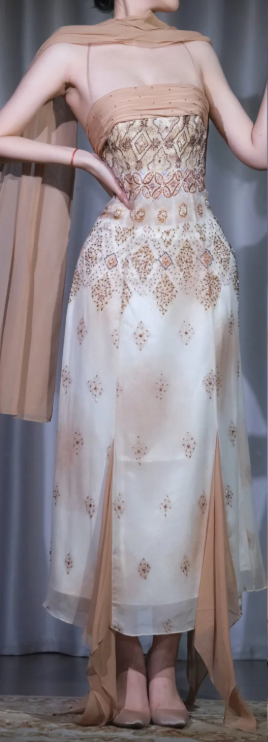 Nude Strapless Beaded Evening Dress, Ethnic Pattern Chiffon Gown with Shawl and Side Slit gh9912