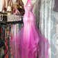 ✨Girlhomeshops-Fuchsia Halter Beaded Mermaid Gown Ruffle Tulle gh10135