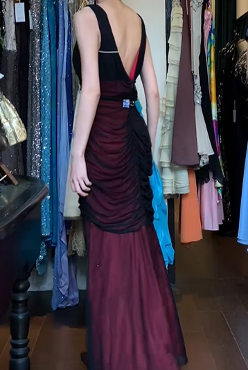 Burgundy Black Vintage Prom Dress Sleeveless Deep V Hand Beaded Ruched Tulle Mermaid Long Evening Gown With Pockets gh9624