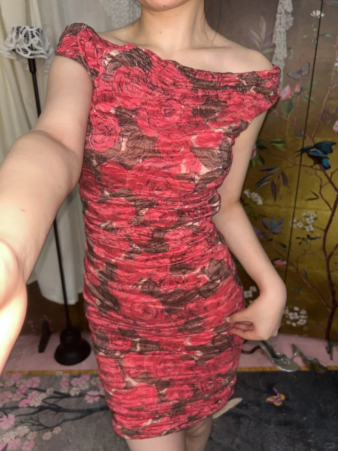 Pink Vintage Sexy Rose Floral Ruched Fitted Waist Slim Bodycon Prom & Evening Party Dress gh8411