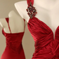Women Burgundy Midi Bodycon Cocktail Dress Wide Straps Deep V Twist Front Hand Beaded Floral Shoulder Satin Evening Gown gh9583