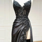 Black fashion classy sexy V-neck exquisite lace spaghetti straps side slits long satin prom dress evening dress party dress gh2611