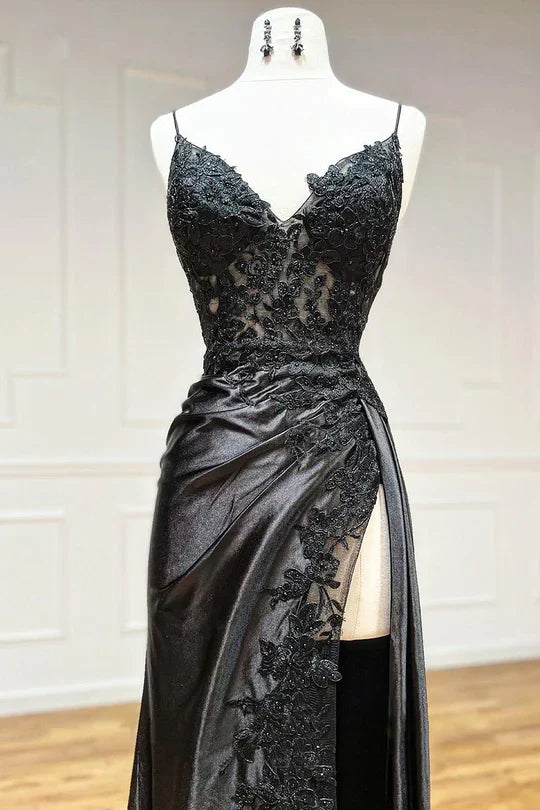 Black fashion classy sexy V-neck exquisite lace spaghetti straps side slits long satin prom dress evening dress party dress gh2611