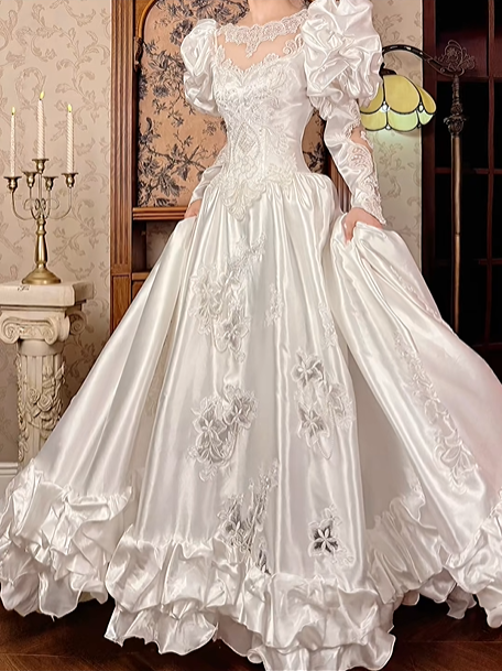 Off‑White Long Puff Sleeve Vintage Fitted Waist Palace‑Style Full Flared Skirt Prom Gown, Wedding Dress gh8594