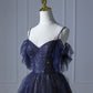 Blaues, wunderschönes, glänzendes Perlen-Spaghettiträger-Tüll-Abendkleid mit Farbverlauf und langen Ärmeln gh2580