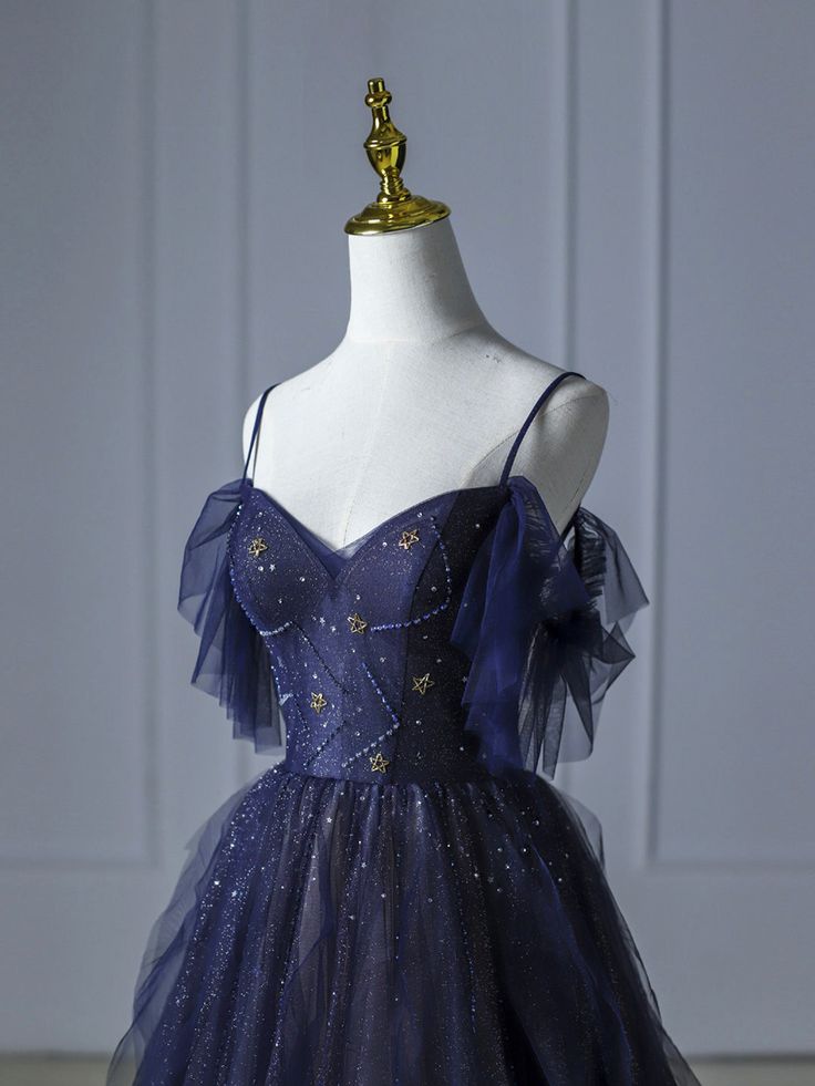 Blaues, wunderschönes, glänzendes Perlen-Spaghettiträger-Tüll-Abendkleid mit Farbverlauf und langen Ärmeln gh2580